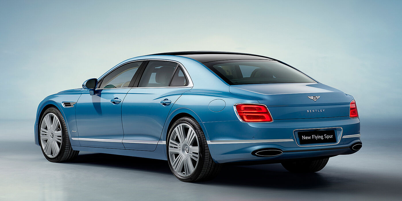 Bentley Panama New Bentley Flying Spur Azure sedan rear view in Light windsor blue by Mulliner paint with 22 inch Azure wheels and chrome exterior details