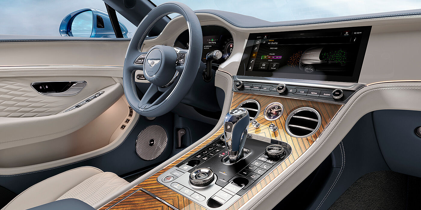 Bentley Panama New Bentley Continental GTC Azure convertible interior front cabin view with Linen and Brunel hides and Piano Linen by Mulliner veneer featuring centre console and centre MMI screen
