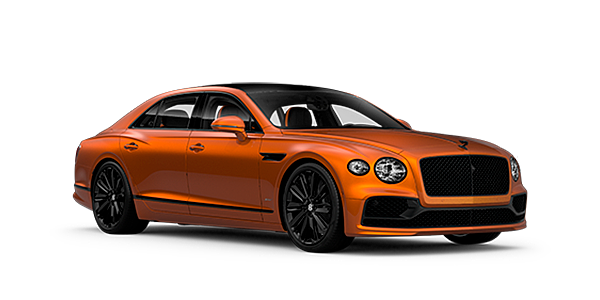 Bentley Panama Bentley Flying Spur Speed front side angled view in Orange Flame coloured exterior. 