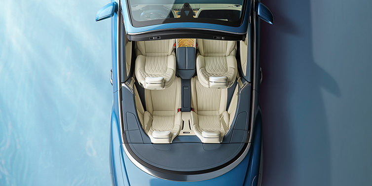 Bentley Panama New Bentley Continental GTC Azure convertible in Light Windsor blue paint overhead view of cabin with stitched Linen and Brunel hides