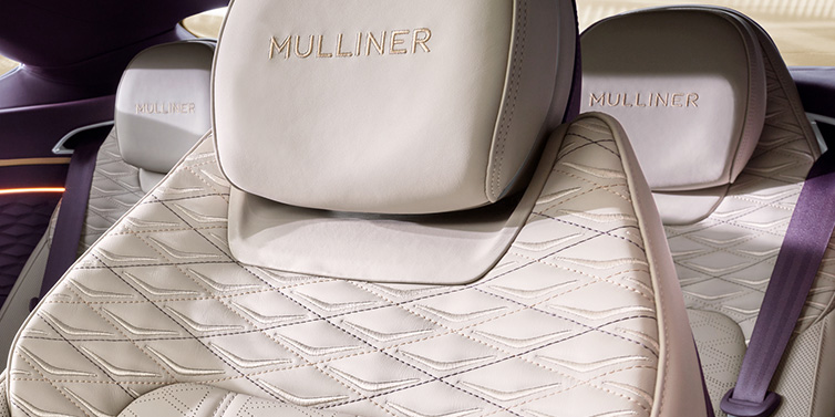 Bentley Panama Bentley Continental GT Mulliner coupe seat detail in Linen leather with Mulliner Diamond in Diamond quilting and Mulliner embroidered seat emblem